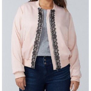 NEW Lane Bryant rose pink sateen zip up bomber jacket black lace 14/16 (1X)